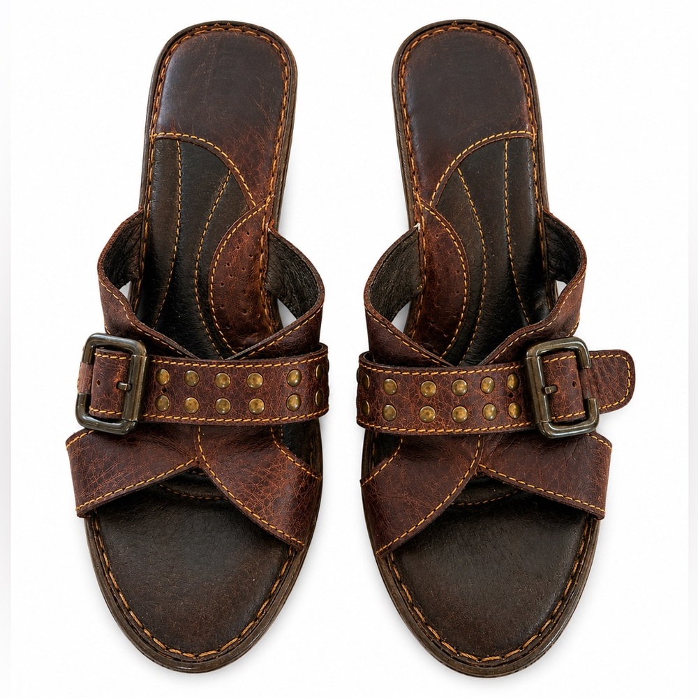 Born Brown Leather Studded Wedge Slide Sandals Clogs Boho Comfort Shoes Women’s